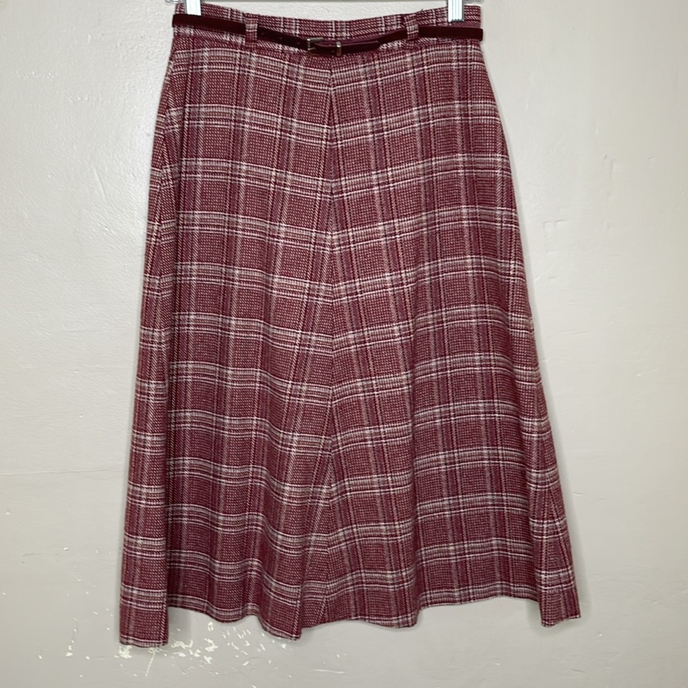 VINTAGE Brooks Brothers Wool Blend Wine & White Plaid A-Line Belted Academia 8